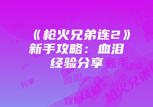 《枪火兄弟连2》新手攻略：血泪经验分享